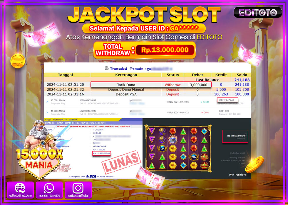 JACKPOT SLOT 15.000X Mania Rp.13.000.000.,- LUNAS