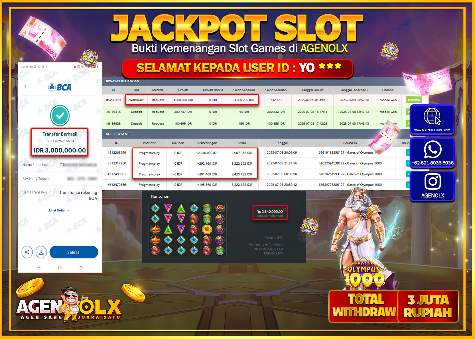 AGENOLX JACKPOT  SLOT GATES OF OLYMPUS 1000  Rp 3.000.000,- LUNAS