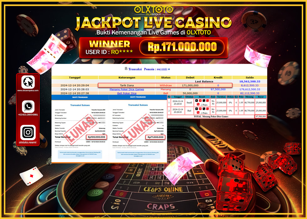 OLXTOTO JACKPOT  LIVE GAMES POKER DICE Rp.171.000.000.,- LUNAS