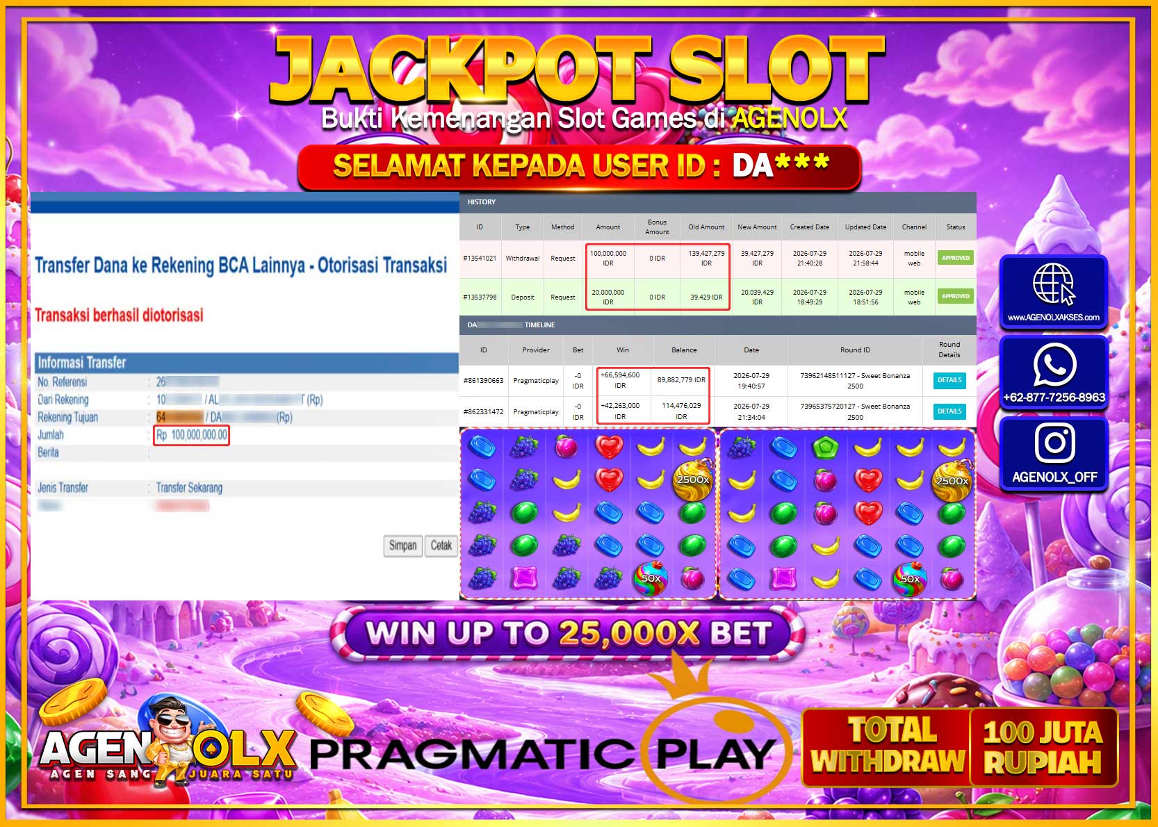 AGENOLX JACKPOT SLOT  SWEET BONANZA 2500 Rp 100.000.000 -LUNAS