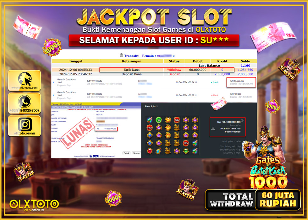 OLXTOTO JACKPOT  SLOT GATES OF GATOTKACA 1000 Rp.60.000.000.,- LUNAS