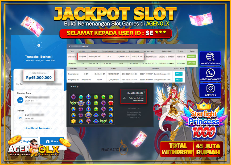 AGENOLX JACKPOT SLOT STARLIGHT PRINCESS 1000 Rp 45.000.000,- LUNAS