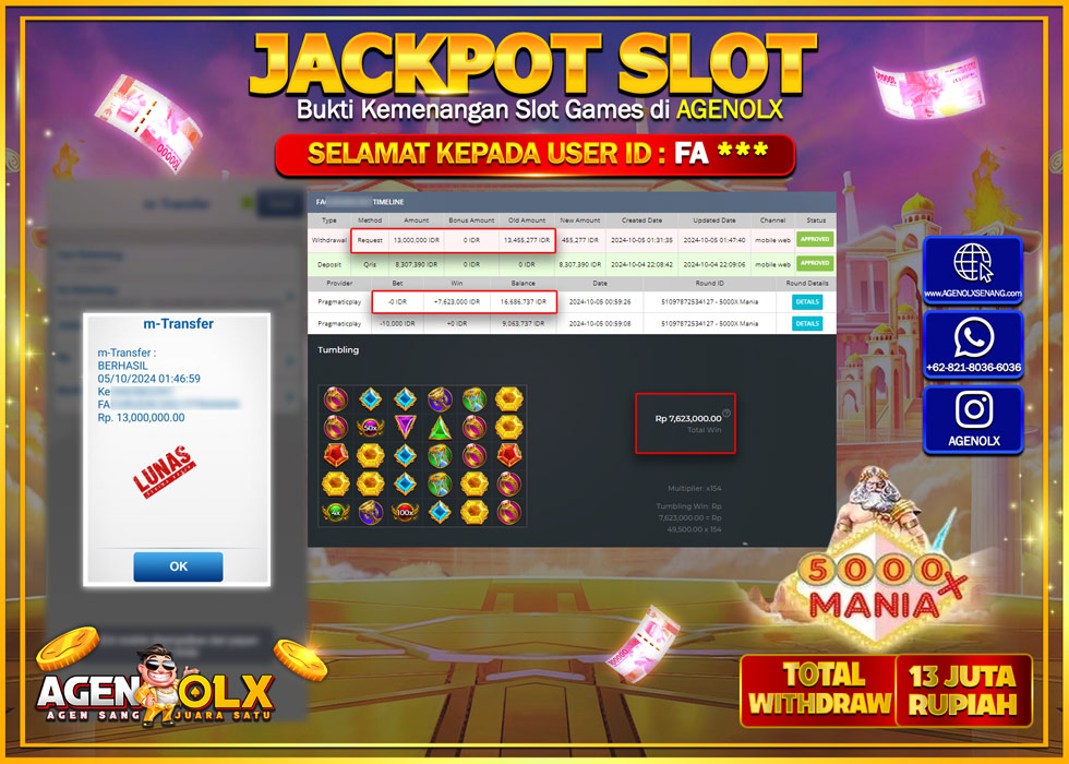 AGENOLX JACKPOT  SLOT 5000X MANIA Rp.13.000.000,- LUNAS