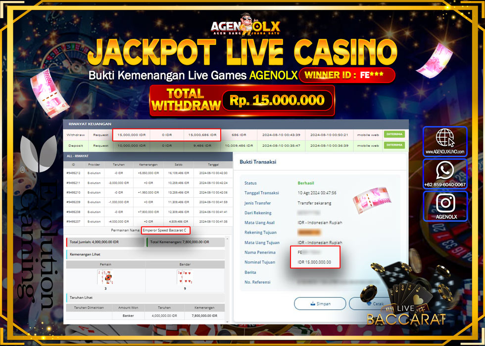 AGENOLX JACKPOT LIVE CASINO EMPEROR SPEED BACARAT C  Rp.15.000.000,- LUNAS