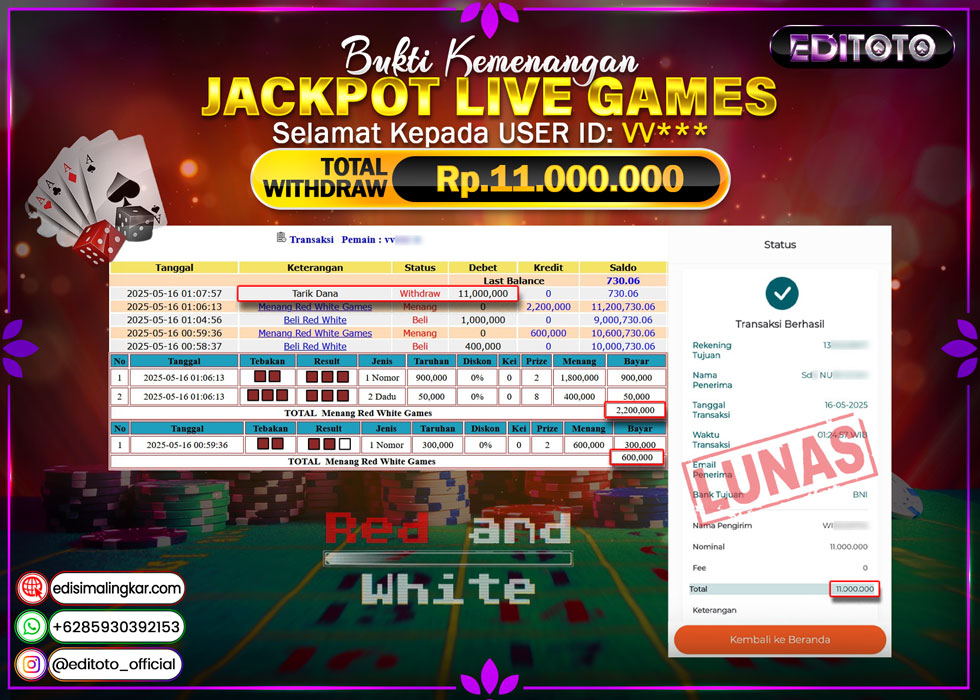 JACKPOT EDITOTO LIVE GAME RED WHITE GAMES  Rp.11.000.000.,- LUNAS
