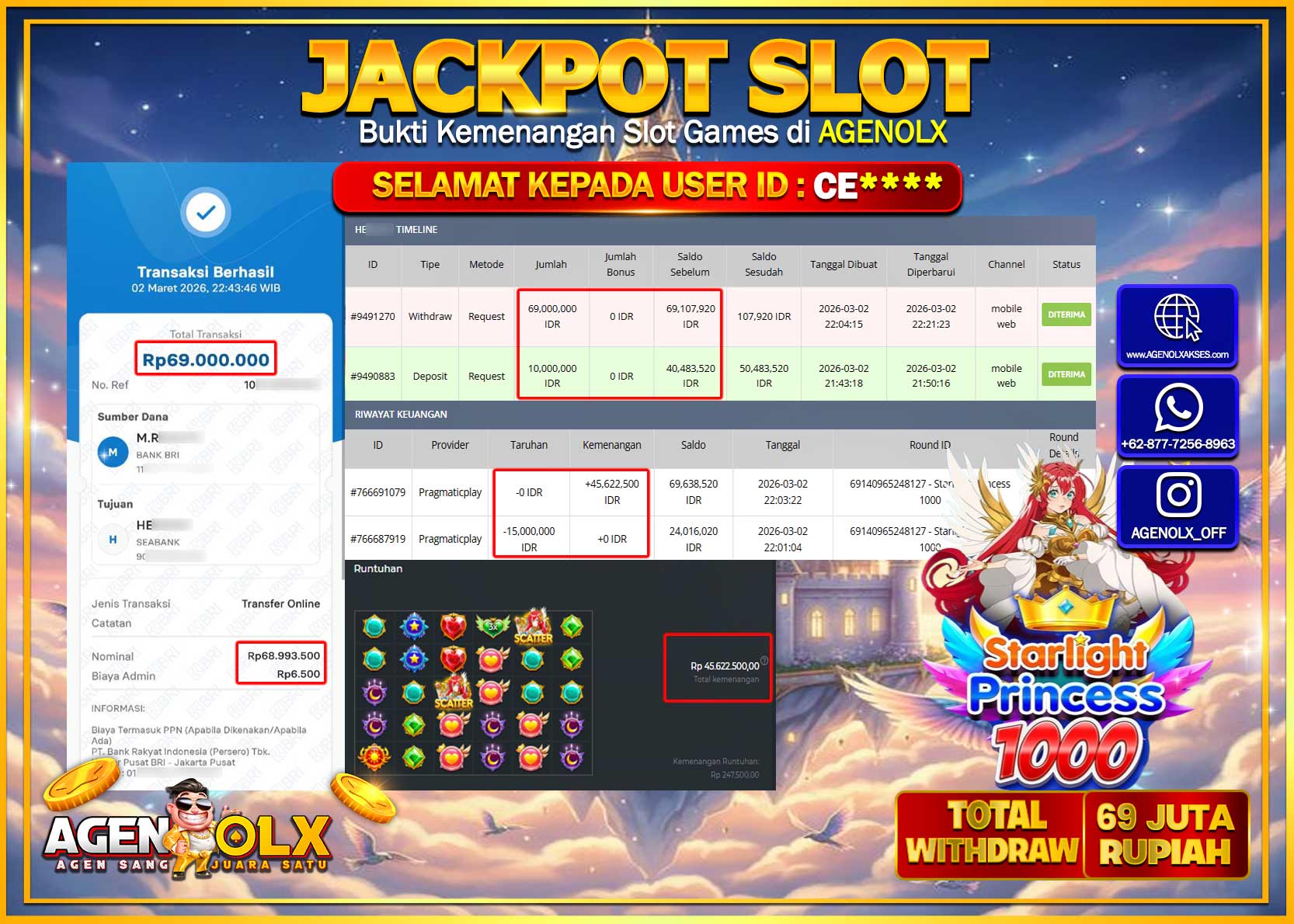 AGENOLX JACKPOT SLOT STARLIGHT PRINCESS 1000  Rp 69.000.000- LUNAS