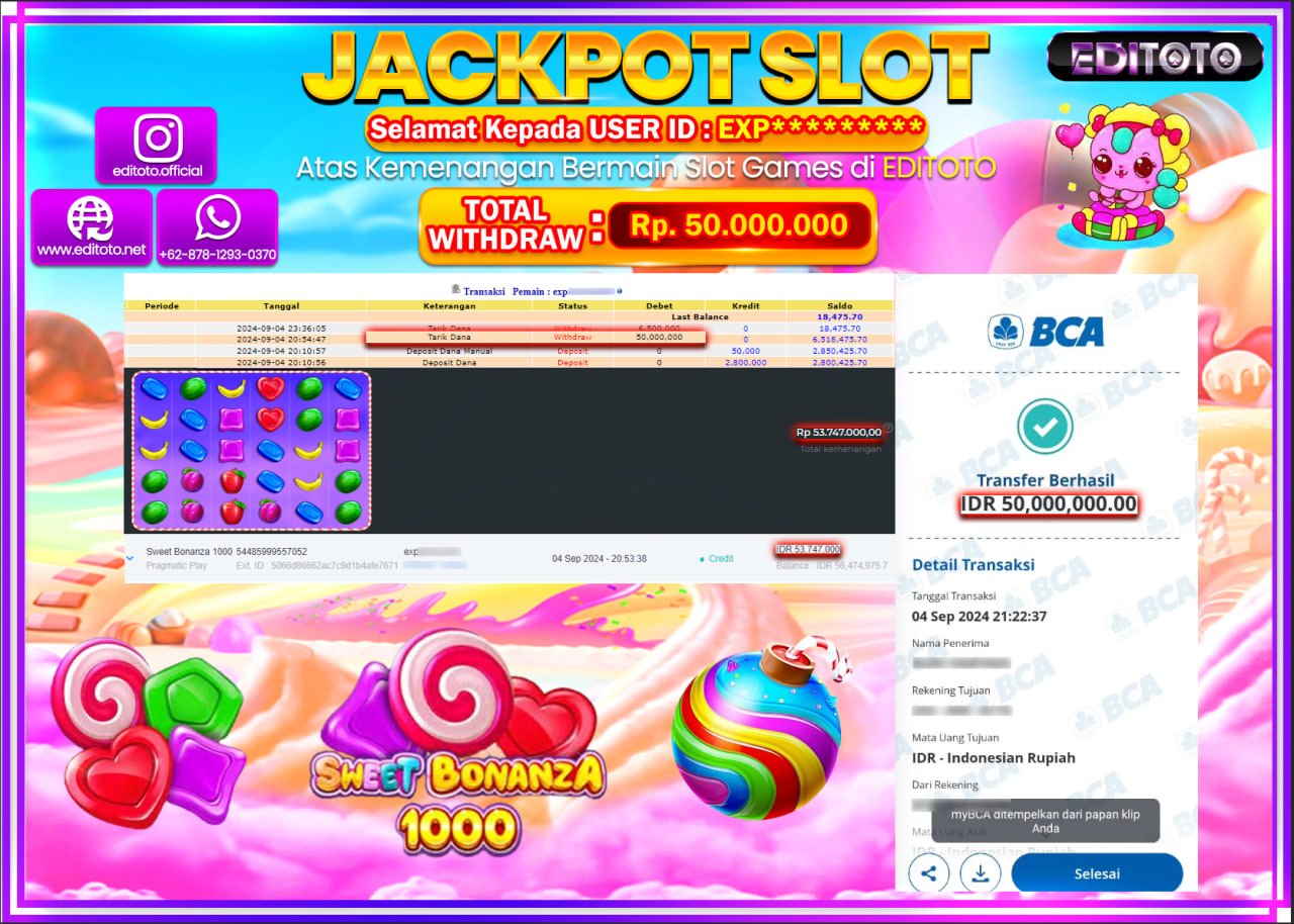 JACKPOT SLOT SWEET BONANZA 1000   Rp.50.000.000.,- LUNAS