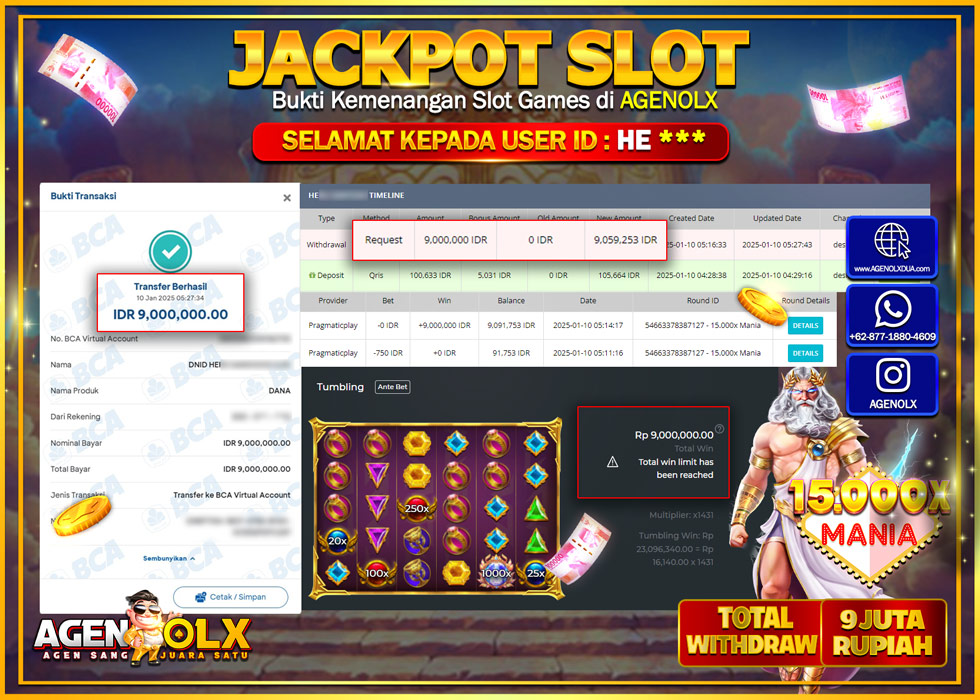AGENOLX JACKPOT SLOT 15.000x MANIA Rp 9.000.000,- LUNAS