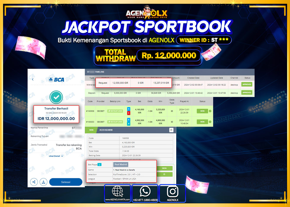 AGENOLX JACKPOT SPOORTBOOK Rp 12.000.000,- LUNAS