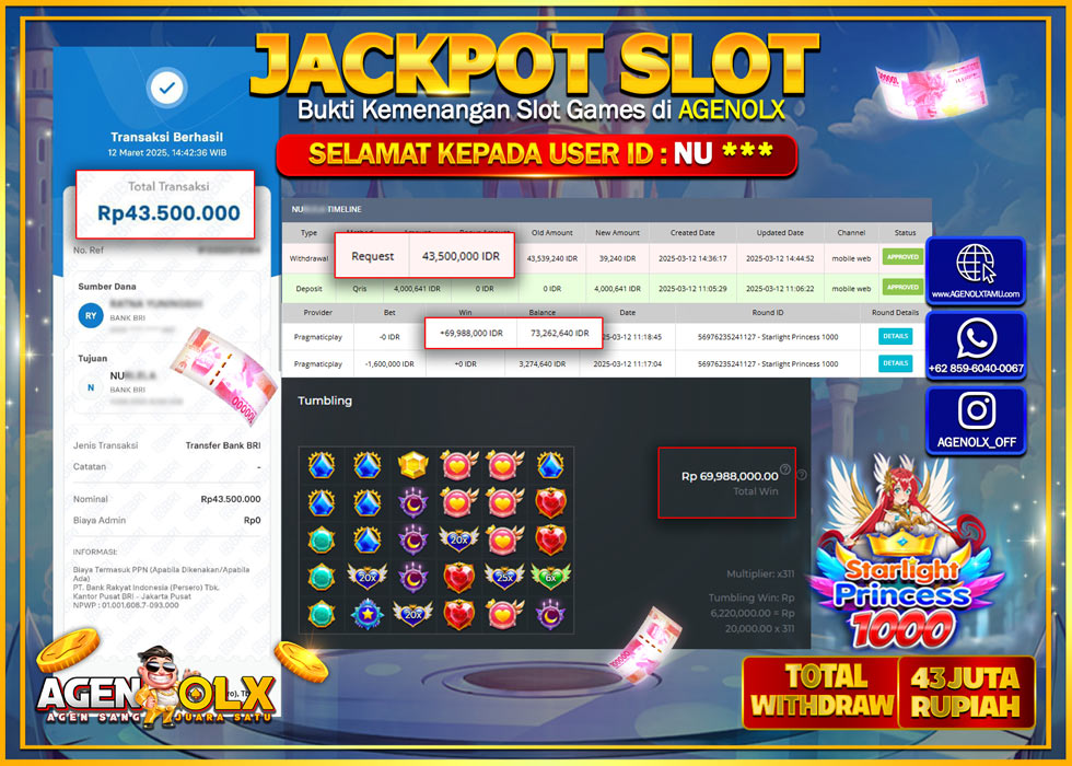 AGENOLX JACKPOT  SLOT STARLIGHT PRINCESS 1000 Rp 43.000.000,- LUNAS