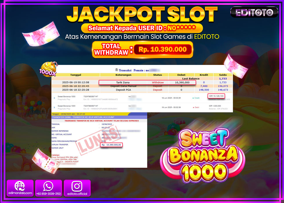 JACKPOT EDITOTO SLOT SWEET BONANZA 1000 Rp.10.390.000,- LUNAS
