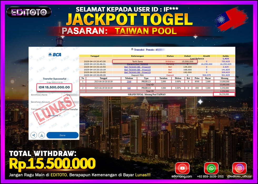 JACKPOT EDITOTO TOGEL PASARAN TAIWAN POOL Rp.15.500.000.,- LUNAS