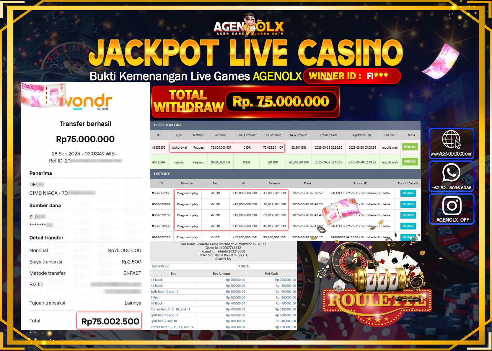 AGENOLX JACKPOT SLOT MANIA ROULETTE  Rp 75,000,000,- LUNAS