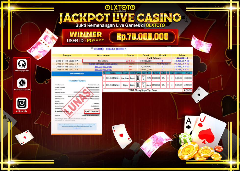 OLXTOTO JACKPOT  LIVE GAMES DRAGON TIGER Rp70.000.000.,- LUNAS