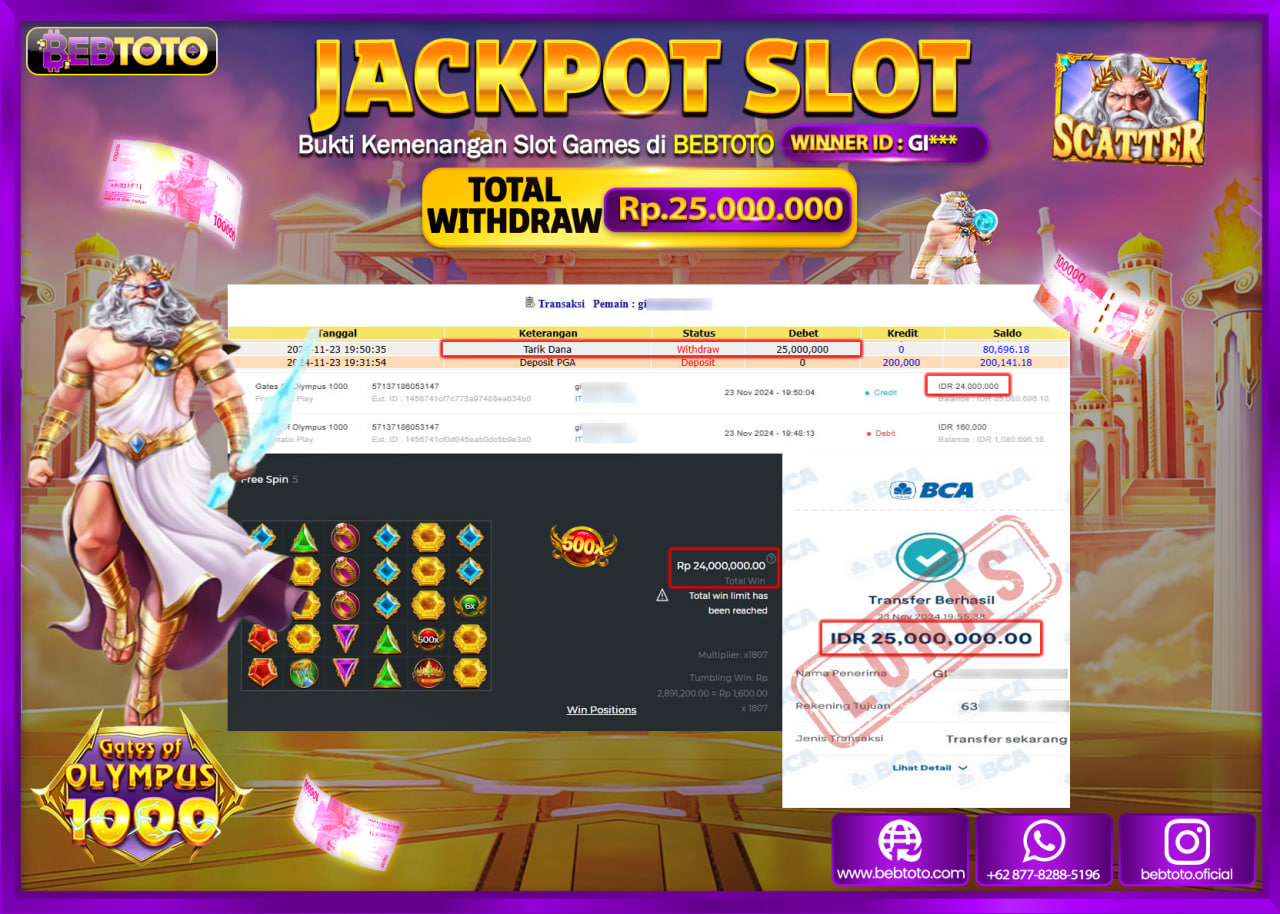 JACKPOT SLOT BEBTOTO GATES OF OLYMPUS 1000 Rp.25.000.000.,- LUNAS