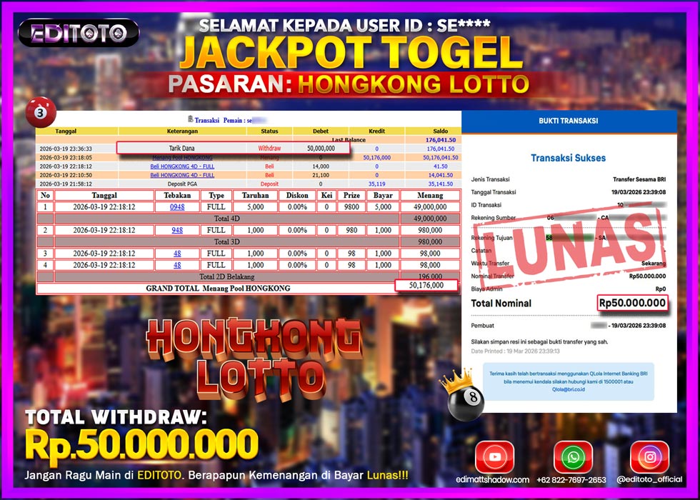 JACKPOT EDITOTO TOGEL PASARAN HONGKONG LOTTO Rp.50.000.000.,- LUNAS
