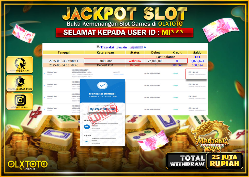OLXTOTO JACKPOT MAHJONG WAYS  Rp.25.000.000.,- LUNAS
