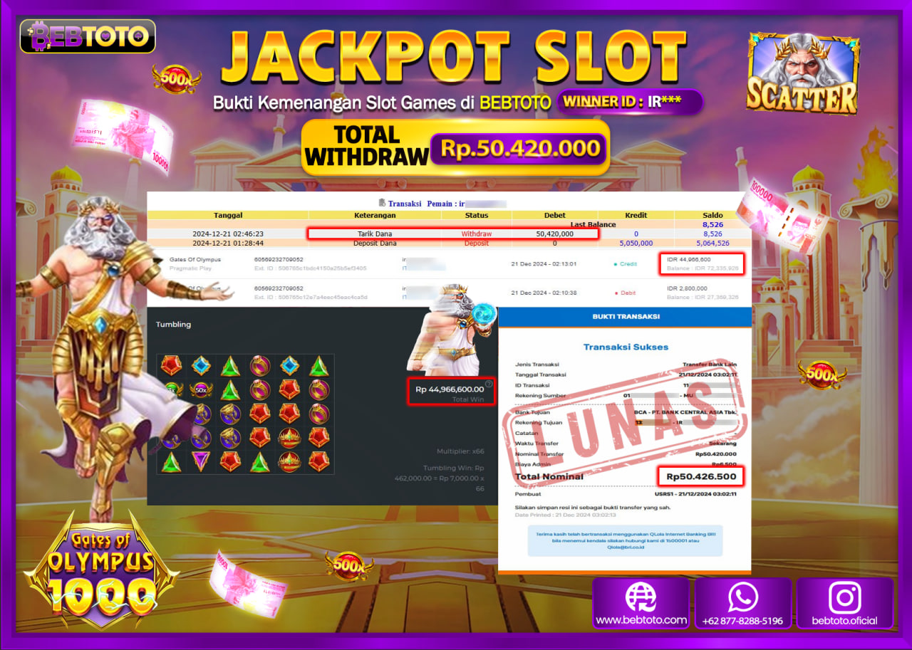 JACKPOT SLOT BEBTOTO GATES OF OLYMPUS 1000 Rp.50.420.000.,- LUNAS