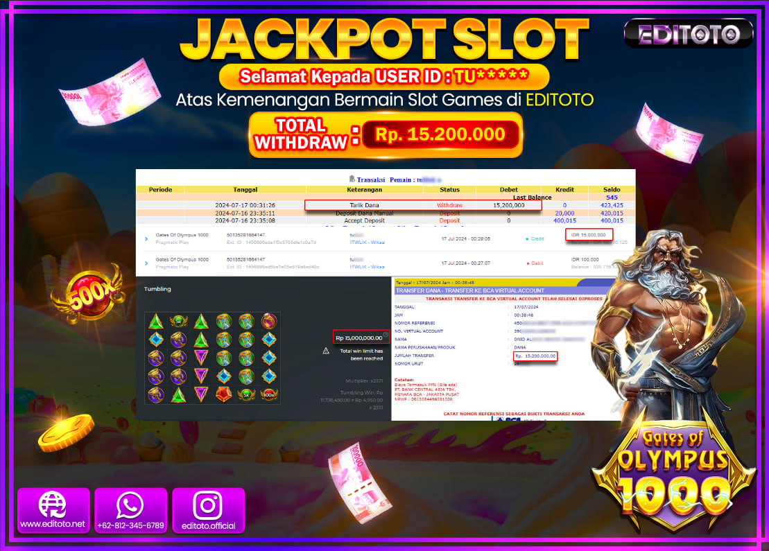 JACKPOT  SLOT EDITOTO Gates Of Olympus 1000 Rp.15.200.000.,- LUNAS