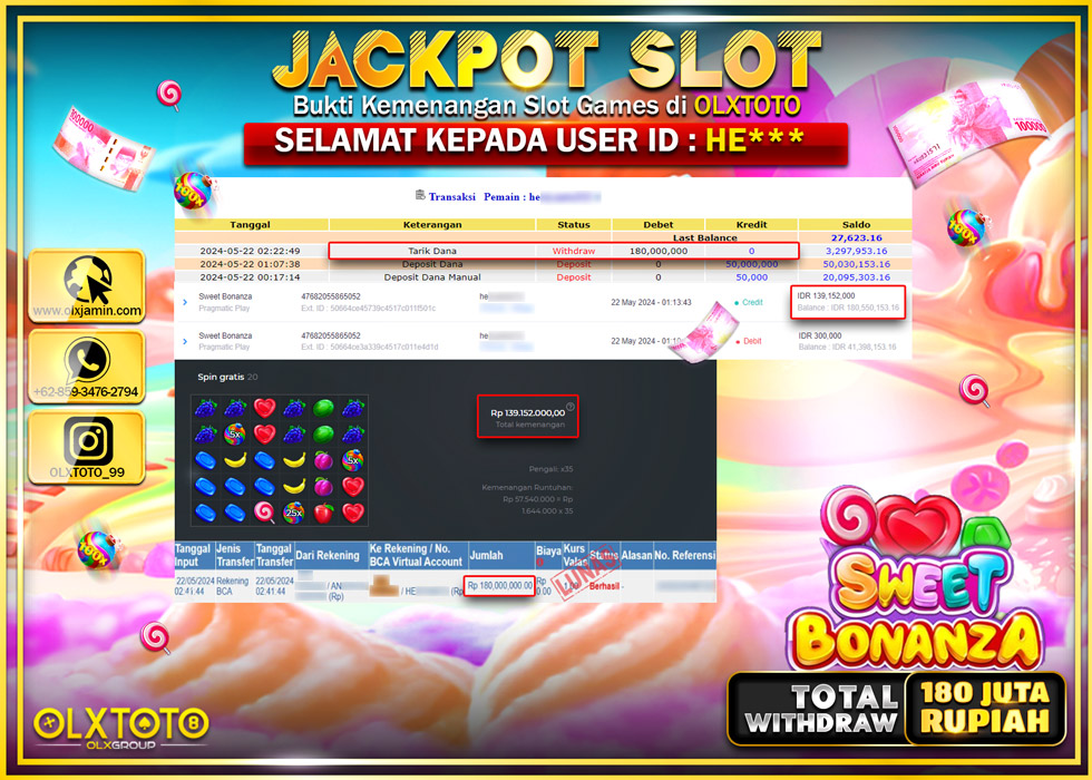 OLXTOTO JACKPOT SLOT SWEET BONANZA Rp.180.000.000.,- LUNAS