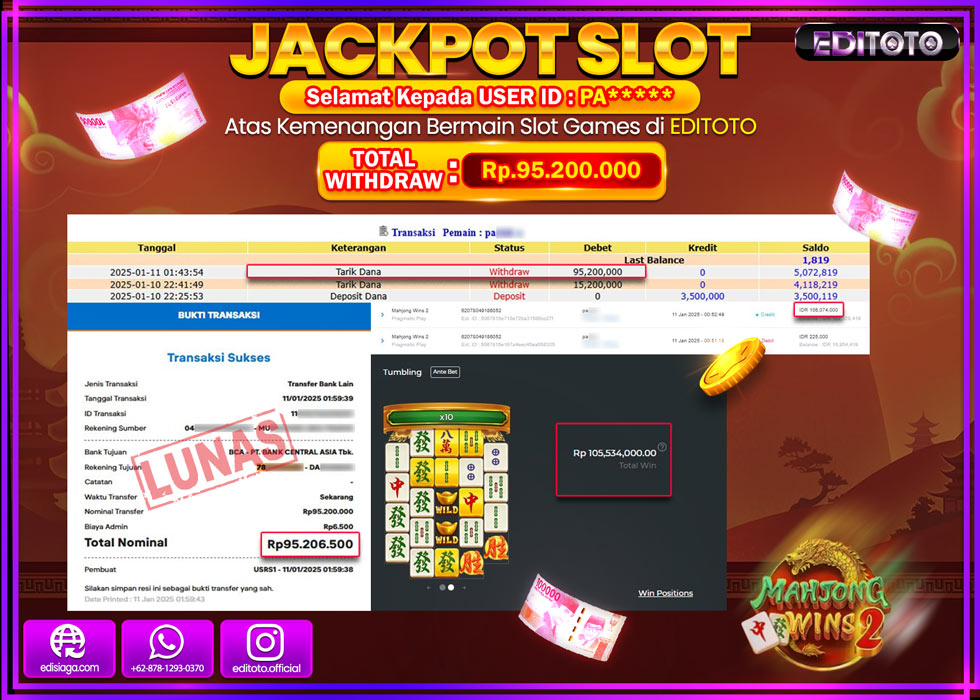 JACKPOT SLOT MAHJONG WINS II  Rp.95.200.000.,- LUNAS