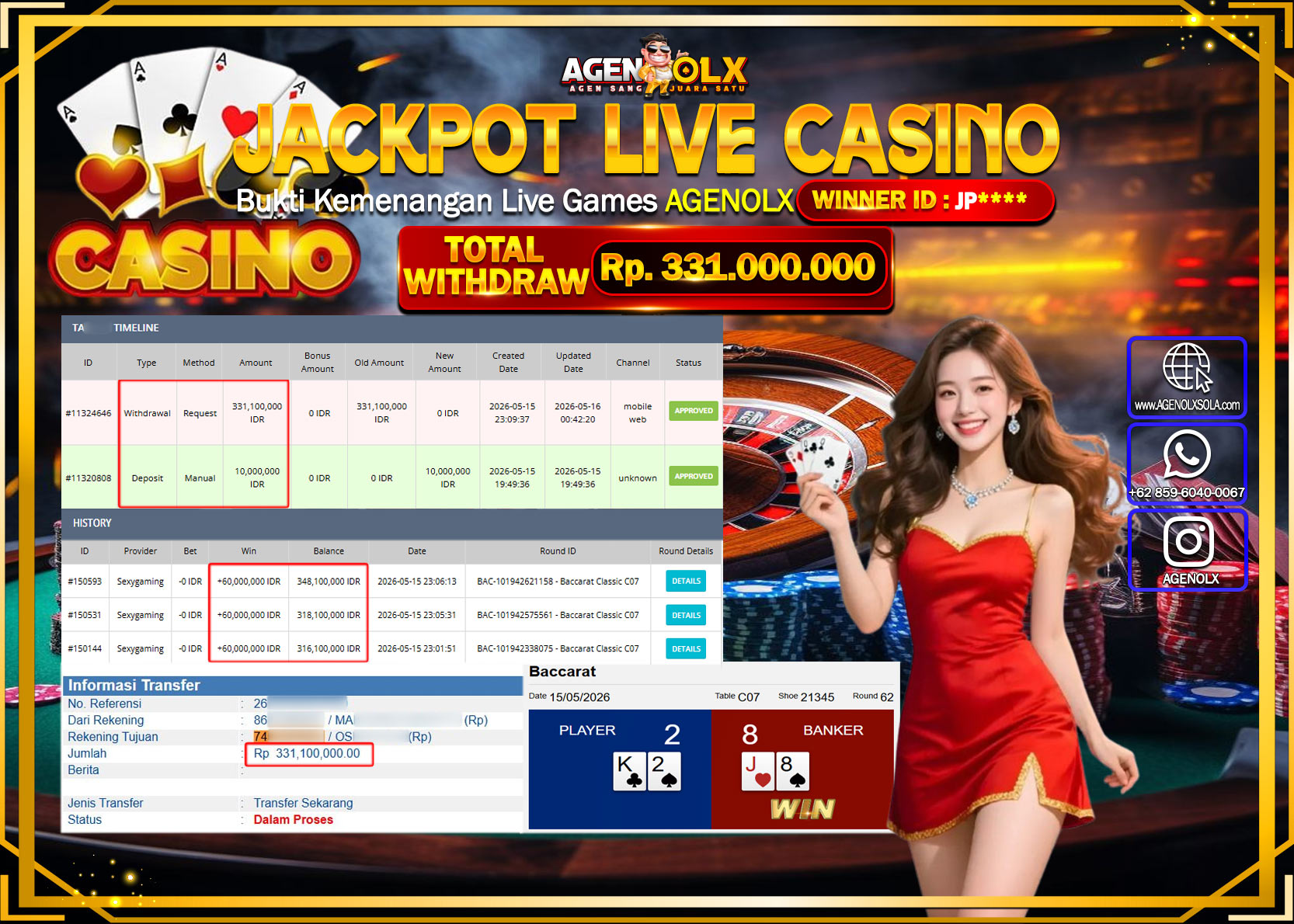 AGENOLX JACKPOT LIVE CASINO BACCARAT CLASSIC C07  Rp 331.100.000 - LUNAS