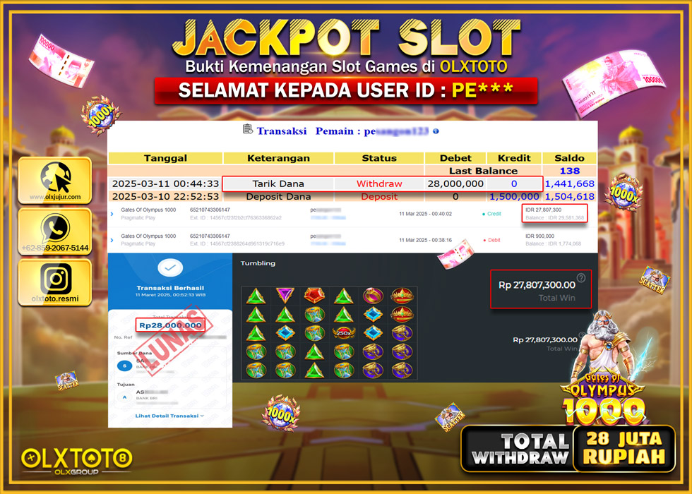 OLXTOTO JACKPOT GATES OF OLYMPUS 1000 Rp.28.000.000.,- LUNAS