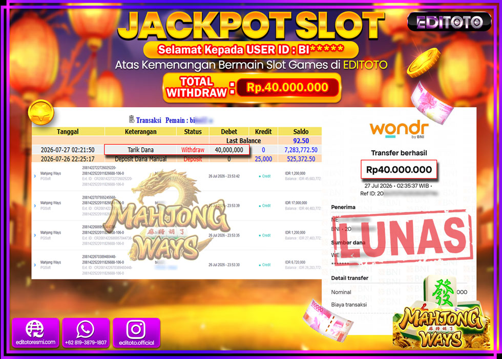 JACKPOT EDITOTO SLOT MAHJONG WAYS Rp.40.000.000,- LUNAS