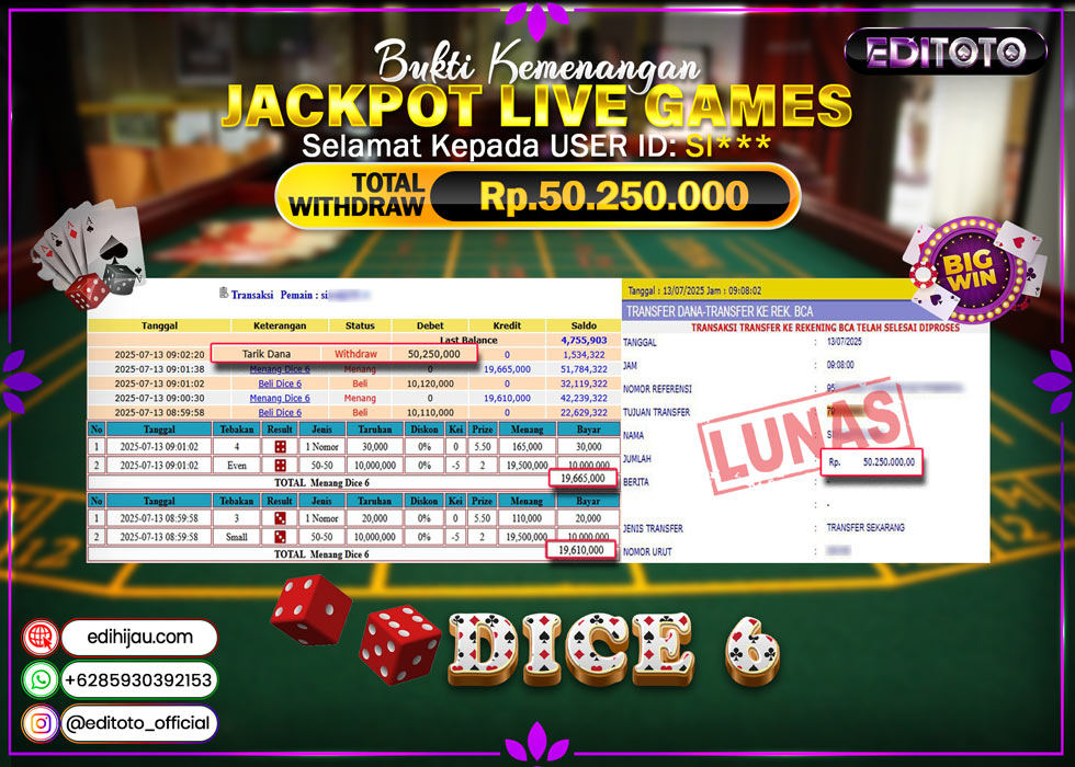 JACKPOT EDITOTO LIVE GAMES DICE 6 Rp. 21.000.000.,- LUNAS