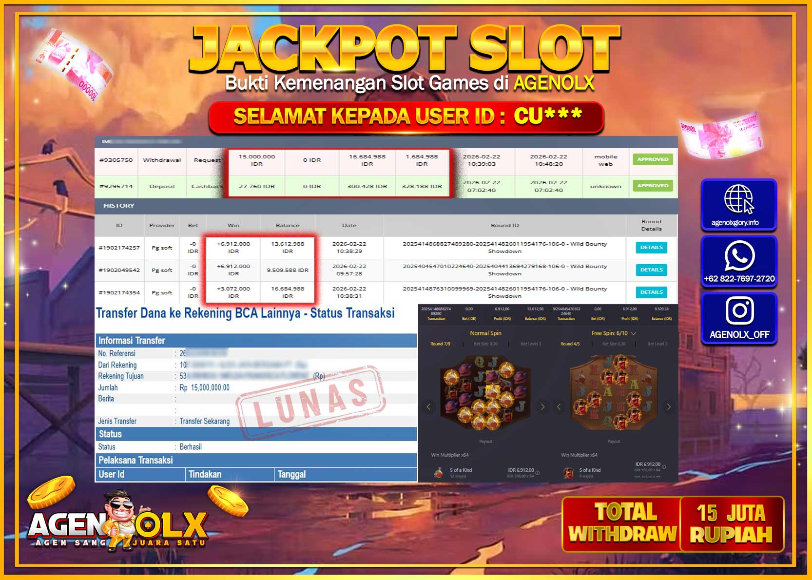 AGENOLX JACKPOT SLOT WILD BOUNTY SHOWDOWN  Rp 15.000.000 - LUNAS  