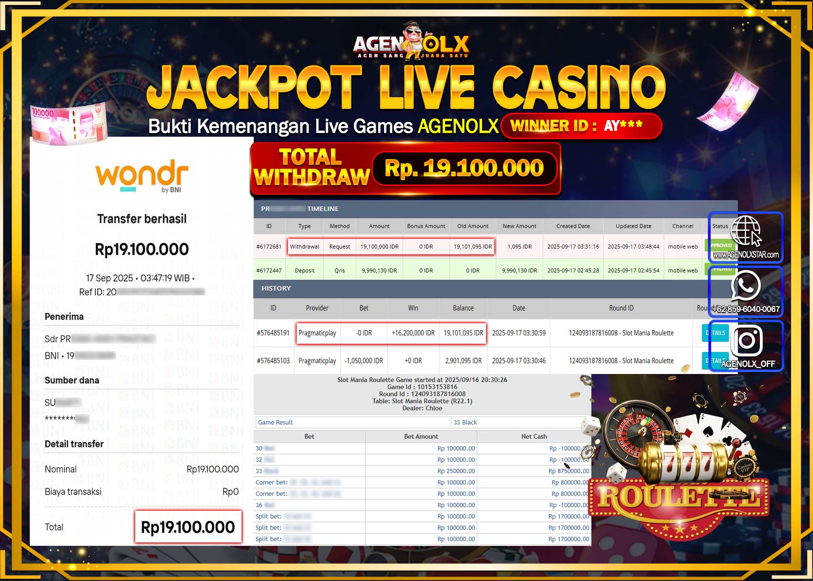 AGENOLX JACKPOT  SLOT MANIA ROULETTE  Rp 19,100,000,- LUNAS