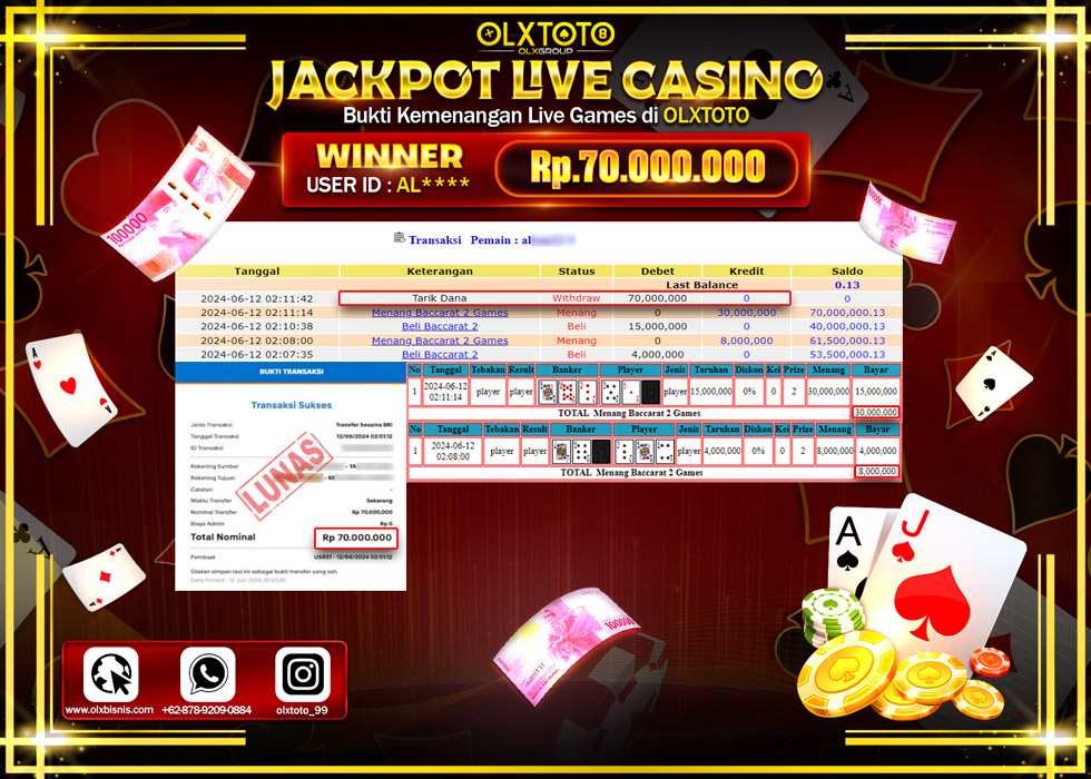 OLXTOTO JACKPOT LIVE GAMES BACCARAT 2   Rp.70.000.000.,- LUNAS