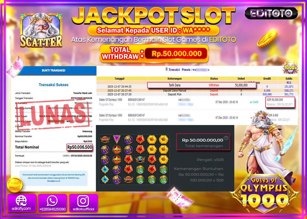 JACKPOT EDITOTO SLOT GATES OF OLYMPUS 1000  Rp.50.000.000,- LUNAS  