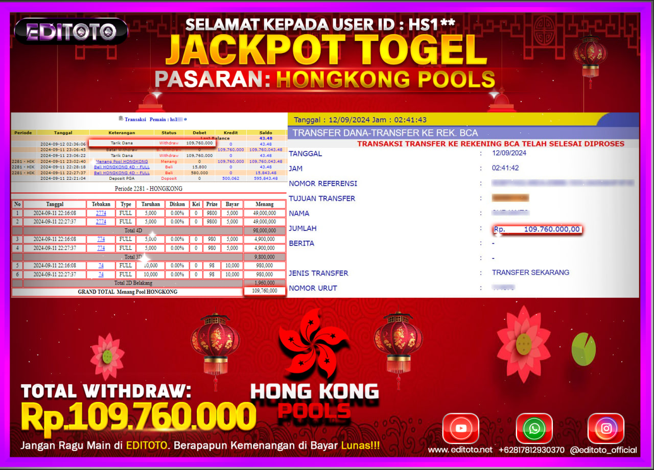 JACKPOT TOGEL PASARAN HONGKONG Rp.109.760.000.,- LUNAS