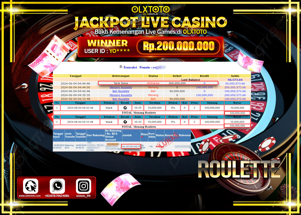 OLXTOTO JACKPOT LIVE GAMES ROULETTE  Rp.200.000.000.,- LUNAS
