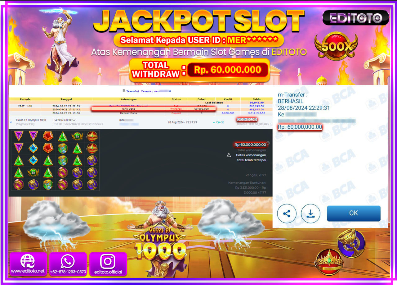 JACKPOT SLOT GATES OF OLYMPUS 1000   Rp.60.000.000.,- LUNAS