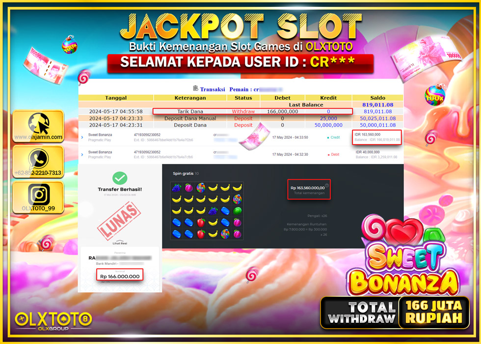 OLXTOTO JACKPOT SLOT SWEET BONANZA   Rp.166.000.000.,- LUNAS