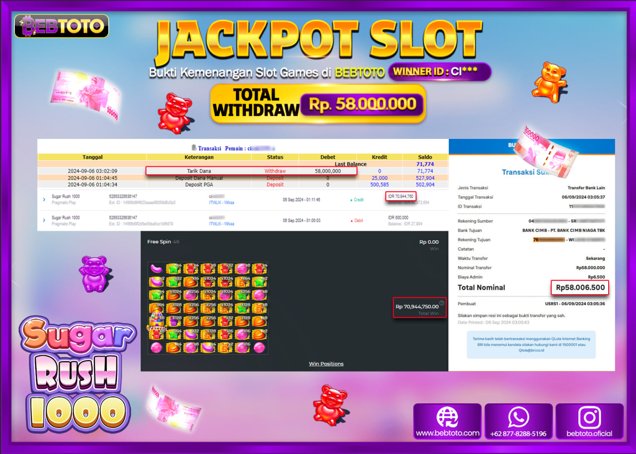 JACKPOT SLOT BEBTOTO Sugar Rush 1000 Rp.58.000.000.,- LUNAS
