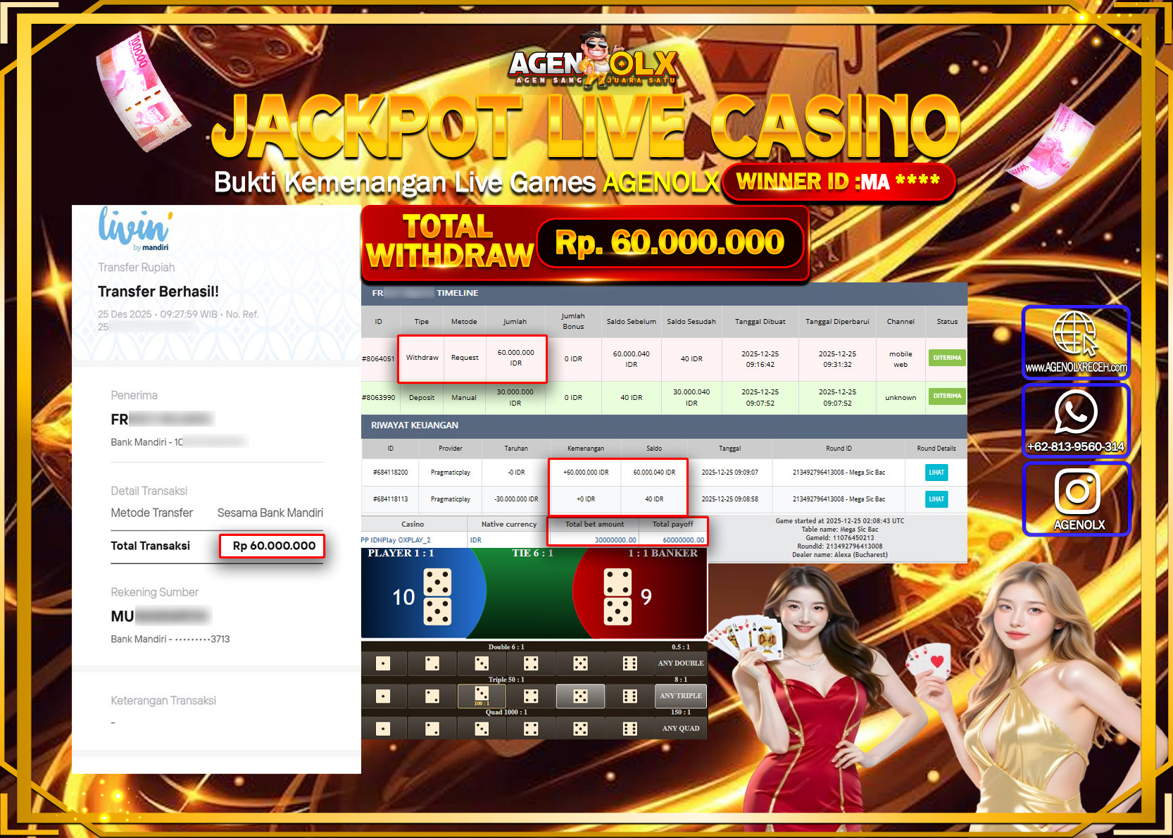 AGENOLX JACKPOT LIVE CASSINO MEGA SIC BAC  Rp 60,000,000,- LUNAS