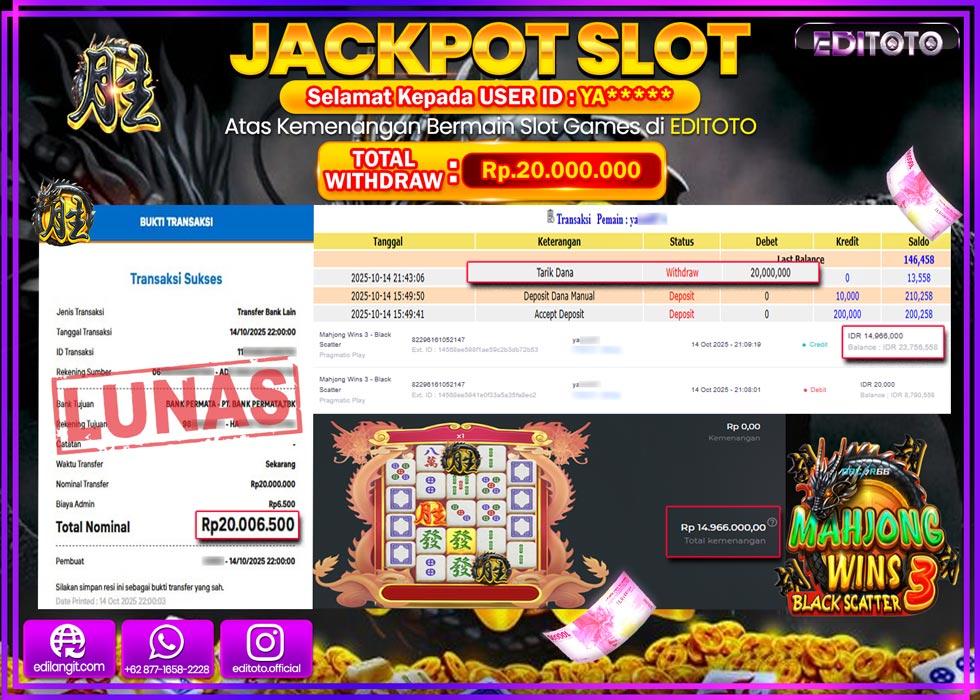 JACKPOT EDITOTO SLOT MAHJONG WINS 3 - BLACK SCATTER Rp.20.000.000,- LUNAS 