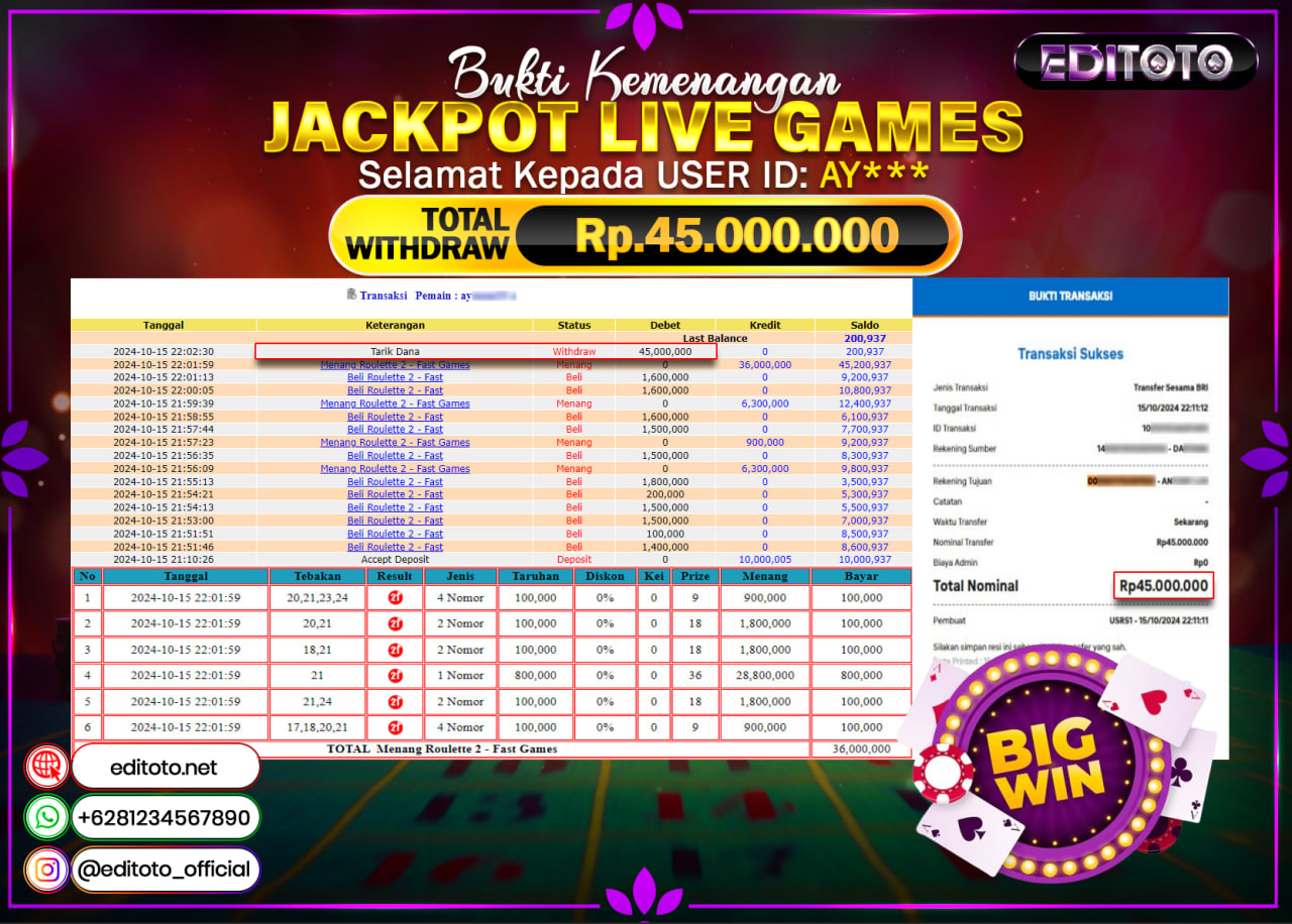 JACKPOT LIVE GAME ROULETTE Rp.45.000.000.,- LUNAS