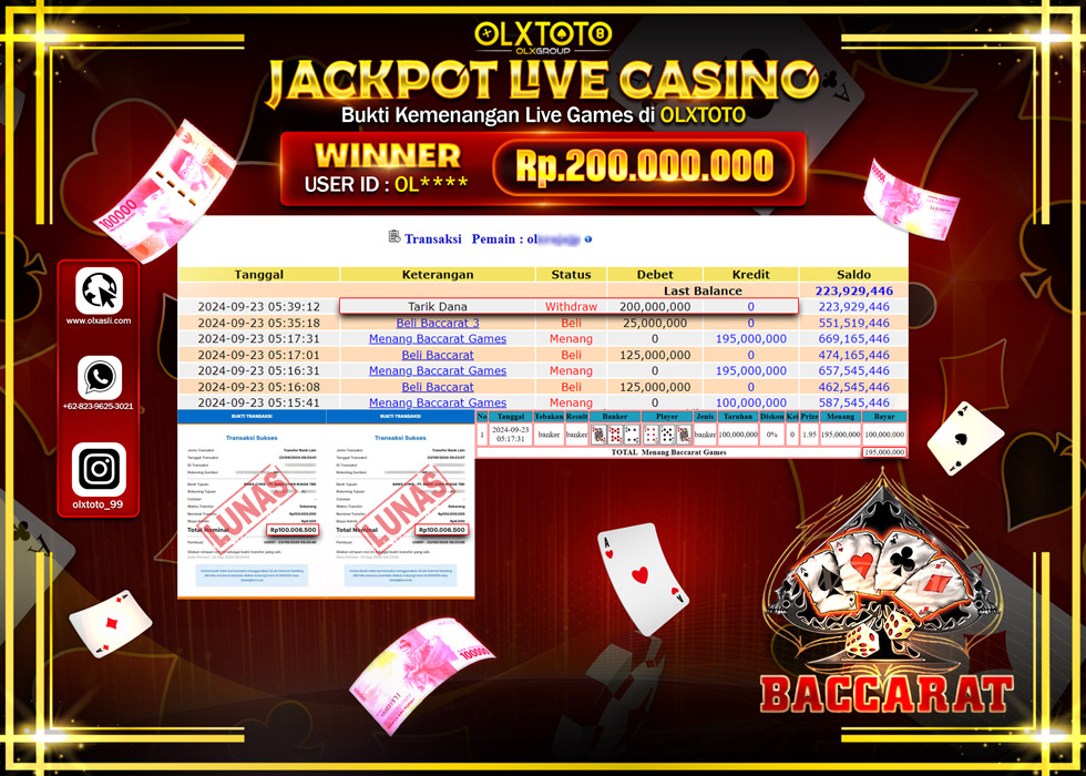OLXTOTO JACKPOT  LIVE GAMES BACCARAT 3 Rp.200.000.000.,- LUNAS