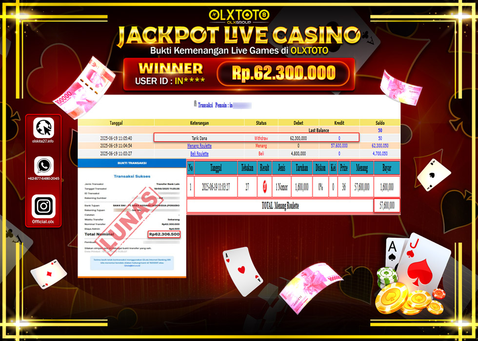 BONDAN69 JACKPOT LIVE GAMES ROULETTE GAMES Rp.62.300.000.,- LUNAS