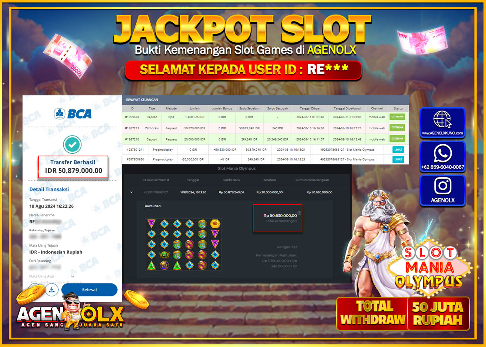 AGENOLX JACKPOT SLOT MANIA OLYMPUS Rp.50.879.000,- LUNAS