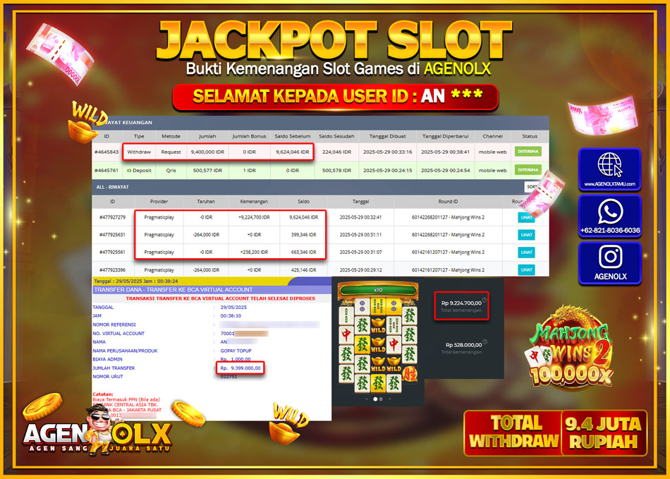 AGENOLX JACKPOT SLOT MAHJONG WAYS WINS 2  Rp 9.400.000,- LUNAS