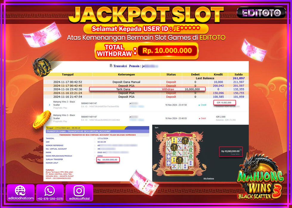 JACKPOT SLOT MAHJONG WINS 3 BLACK SCATTER Rp.10.000.000.,- LUNAS