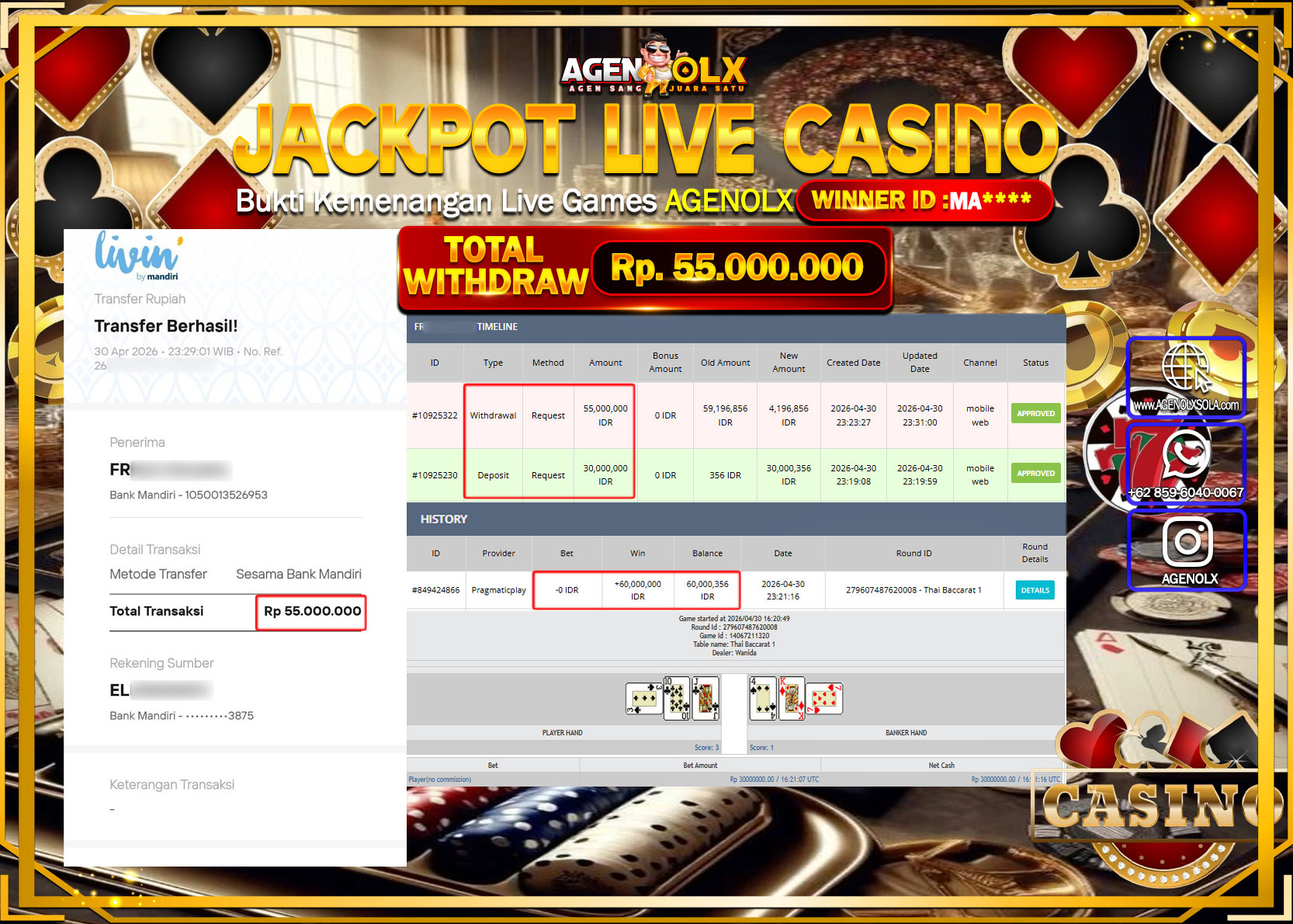 AGENOLX JACKPOT LIVE CASINO THAI BACCARAT 1Rp 55.000.000 - LUNAS
