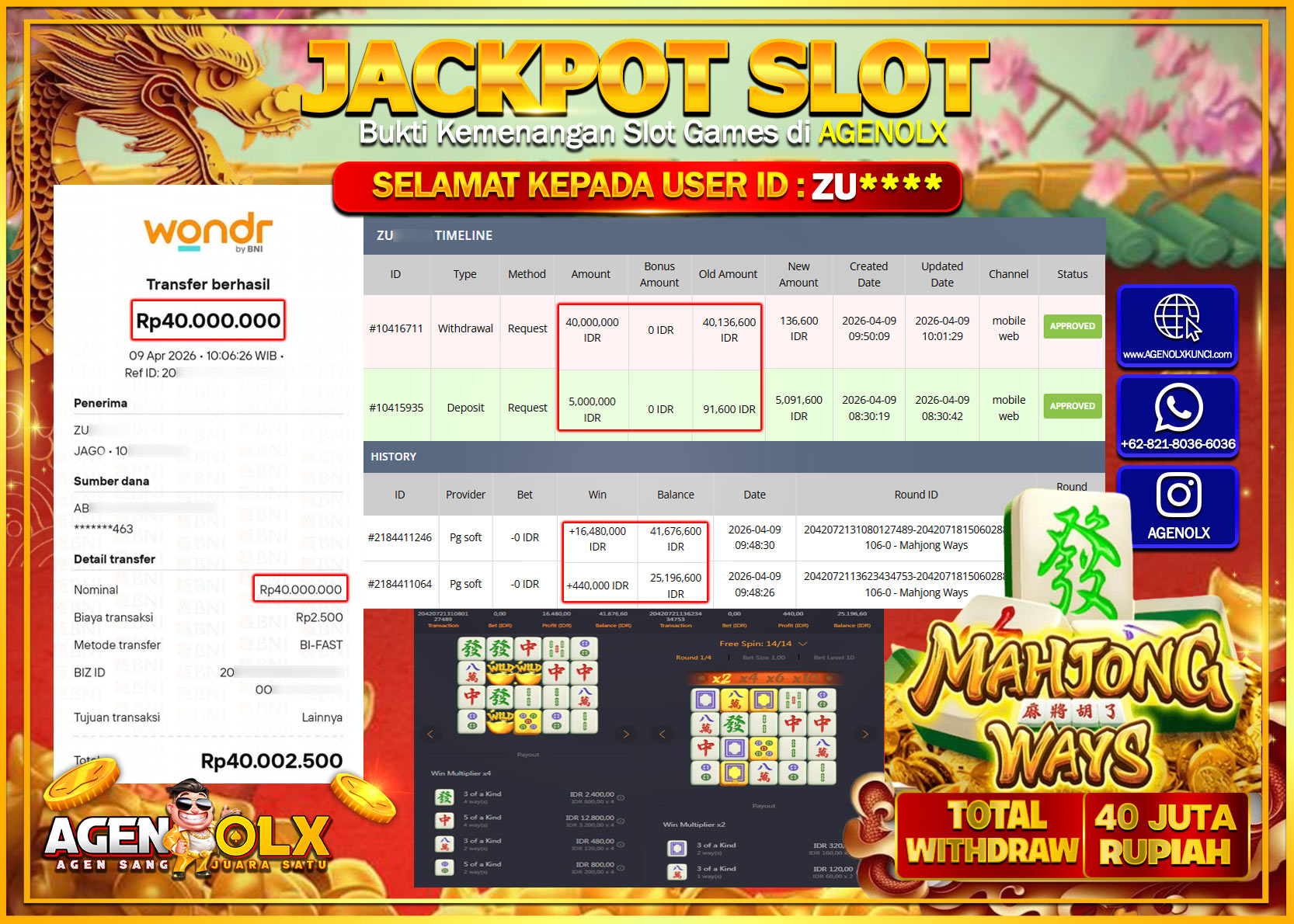AGENOLX JACKPOT SLOT MAHJONG WAYS Rp 40.000.000- LUNAS