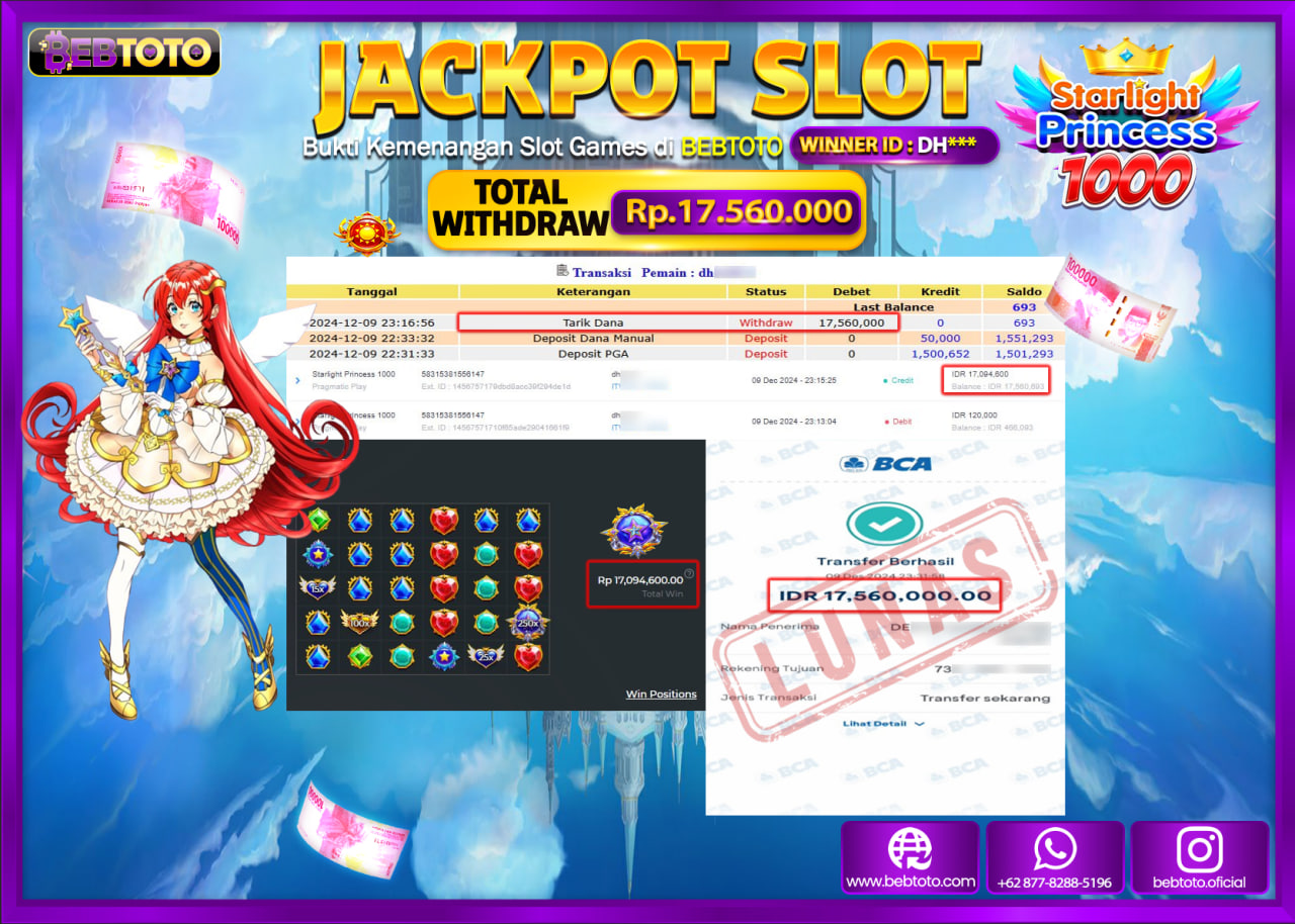 JACKPOT SLOT BEBTOTO STARLIGHT PRINCESS 1000 Rp.17.560.000.,- LUNAS