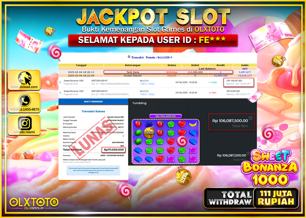 OLXTOTO JACKPOT  SLOT SWEET BONANZA 1000  Rp.111.000.000.,- LUNAS